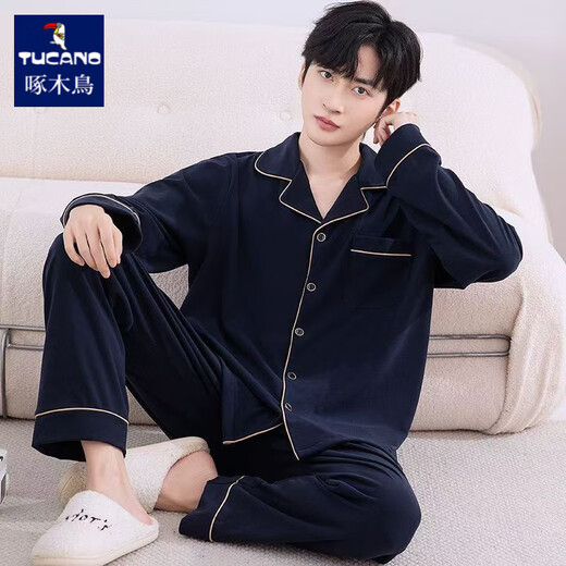 Woodpecker spring and autumn pajamas for men and women, long-sleeved, can be worn outside, couples thickened large size coral velvet home clothes set, men DM801 dark gray 3XL