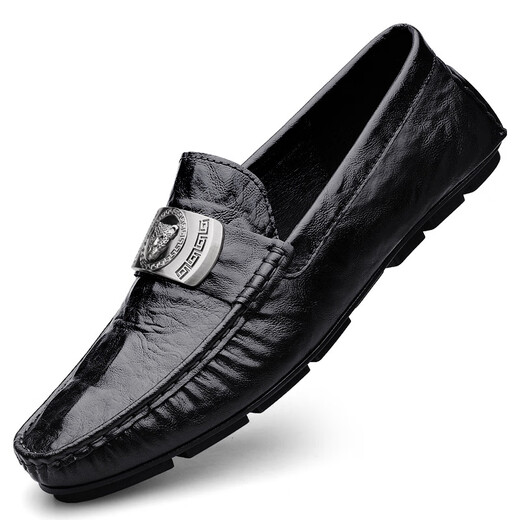 Belle 2025 crocodile pattern beanie shoes cross-border lazy driving shoes British casual men's leather shoes genuine leather cowhide 15888 black 38