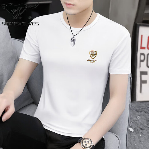
Seven Wolf Ice Silk Modal Men's Short Sleeve T-Shirt Summer 2025 New Fashion High-end T-Sleeve T-Shirt Top Men's Clothes D1423 White M 100Jin[Jin equals 0.5 kg]-110Jin[Jin equals 0.5 kg]