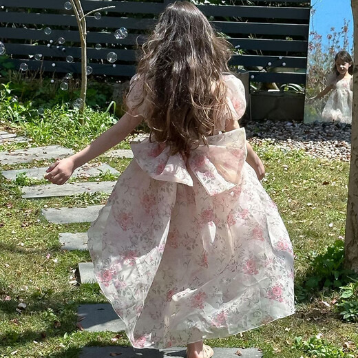 Tiaodegao Princess Dress Girls Summer Princess Dress Floral Bow Tail Dress Birthday Party Dress Floral Bow Princess Dress-Pink-130cm