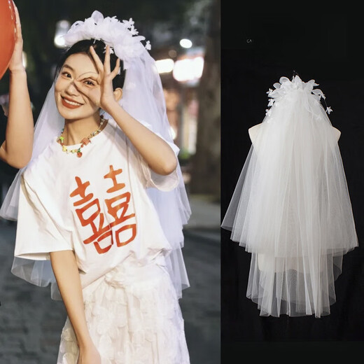 Zi Jiafu Veil Ceremony Bridal Main Wedding Dress Proposal Registration Flower Puff Veil Hong Kong Style Wedding Headwear Wedding Photo Props Qian Yuxian Fairy Veil Approximately 80cm Metal Hair Comb 60cm-80cm