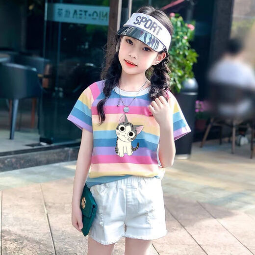 哈罗小黄鸭童装女童短袖t恤女夏装新款棉中大童条纹宽松半袖彩虹条ins 彩虹683 150 【60-75斤左右】