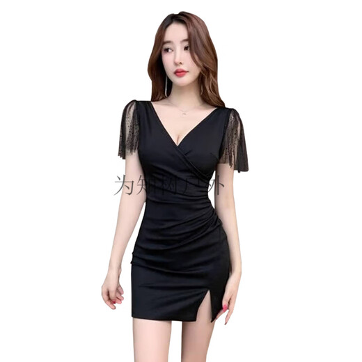 Für Zhishu Nightclub KTV sexy Kleid für Frauen Deep V Dress Spa Fußbademassage Techniker Arbeit Kleidung Hip Rock Nachtclub 3882 schwarz + 2xl empfohlen 125-135jin [Jin ist 0,5 kg]