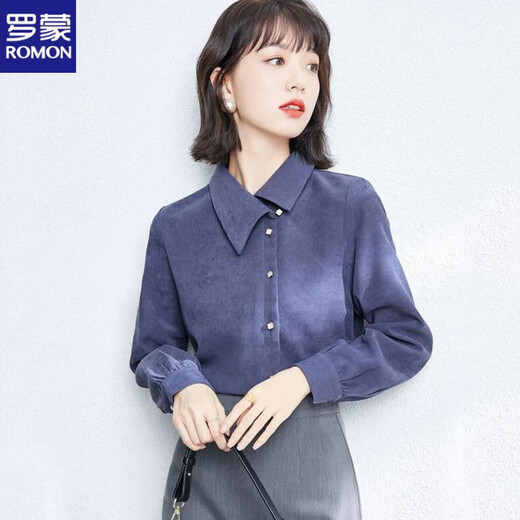 ROMON spring and autumn thickened brushed shirt for women 2025 autumn and winter new inner layering top small fashion shirt haze blue M