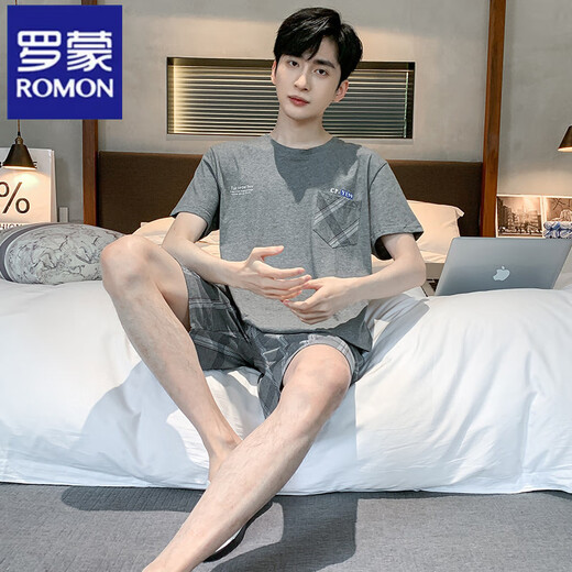 Romon Summer Set Herren Kurzarm Pyjamas dünne Baumwolle Freizeit Plus-Größe Teen Home Kleidung Lose zweiteiler Set D9928 L Männer