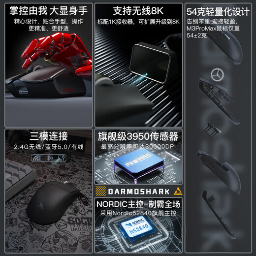Darmoshark达摩鲨M3PROMAX无线蓝牙三模鼠标可充电有线办公电竞游戏笔记本电脑ipad平板手机通用鼠标8K接收器 红色+NXP数显接收器【拆封不支持7天无理由】