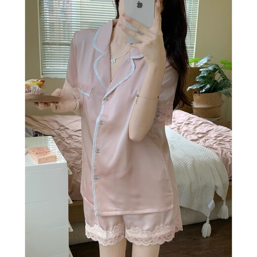 冉艺岚同款冰丝睡衣女夏季短袖薄款ins风高级感粉色花边外穿家居服夏天 浅黄色 #yx-9214 M 75-98斤