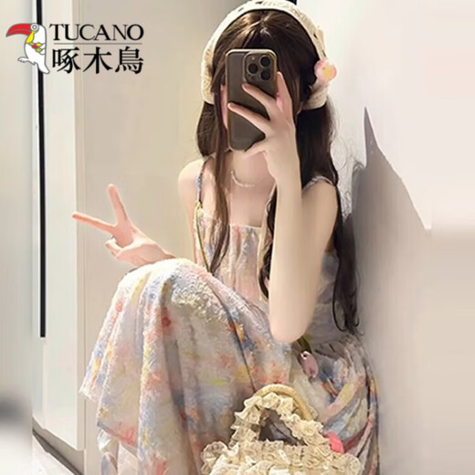 
Woodpecker (TUCANO) early summer two-piece suit forest tulip floral suspender dress for girls + design sense niche strap sun protection shirt S