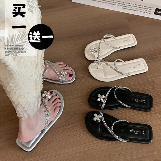 快乐玛丽（J&M）夹脚拖鞋女夏季韩版法式套趾时尚海边配裙子水钻凉拖 温州惠东真皮凉鞋女-黑色 6626a 39 凉拖鞋女2025新款