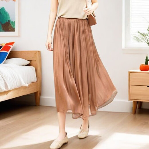 Temperamental light-sensing skirt for women 2025 slim and slim mid-length A-line skirt draped and flowing summer Ougen yarn skirt 1343 brown L Recommended [110-125Jin[Jin equals 0.5 kg]]