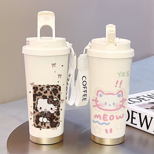 Lock Lock (Lock/Lock) Guoying Kaiti Cat Cute Coffee Cafe Student Cup Cup Liel Capacidad 316 Cerámica de acero inoxidable Copa de agua de acero inoxidable para mujeres - FA691 Línea Puppy + cordón