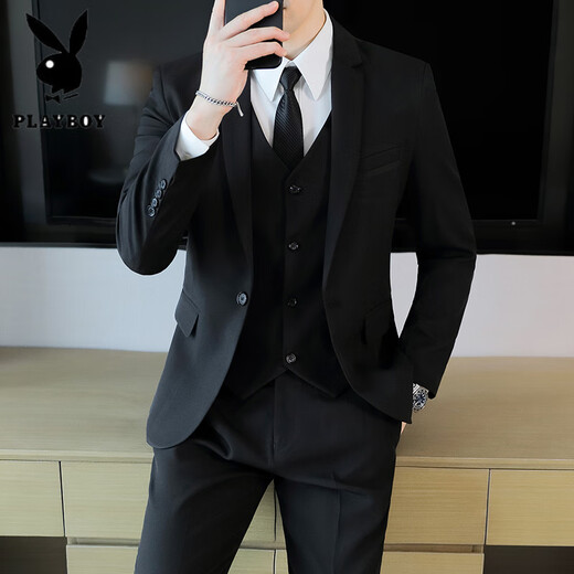 Playboy (PLAYBOY) casual suit suit men Korean style business formal suit three-piece set slim fit wedding best groom groom no iron suit jacket One button of Tibetan blue [single suit jacket] 6XL