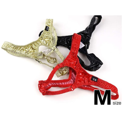 Men's new underwear sexy bright leather men's thong iron ring mid-low waist T-shaped underwear stretch men's thong black S