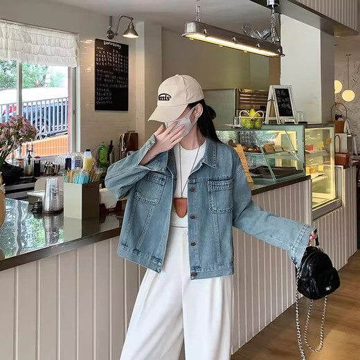 
Yirancheng simple retro short denim jacket for women Spring and Autumn 2025 new Korean loose versatile long-sleeved jacket for women Blue M [Suggested 95-110Jin [Jin equals 0.5 kg]]