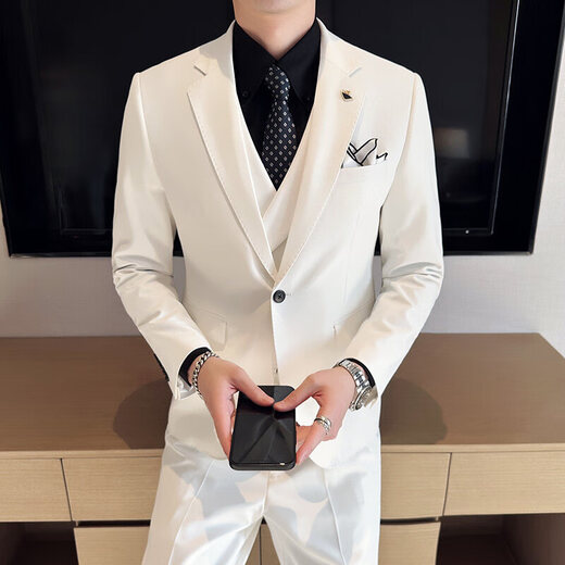 Lilang suit men's business professional formal dress suit groom wedding dress casual solid color jacket white M
