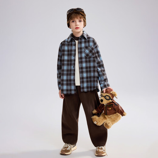 ASK JUNIOR brushed children's shirt 2026 spring medium and large children's lapel plaid contrast shirt boys jacket