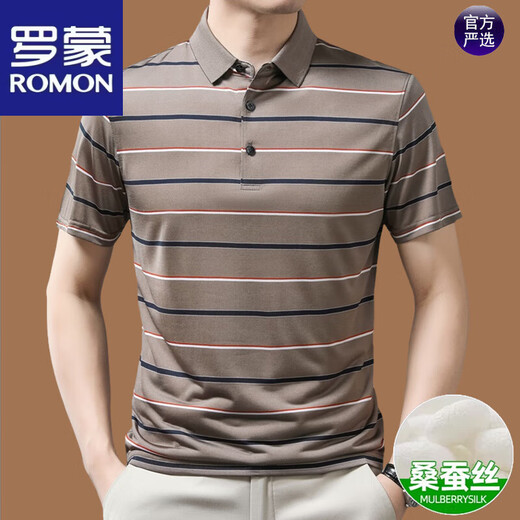 罗蒙（ROMON）高档轻奢桑蚕丝男士短袖T恤2025夏季新款爸爸装翻领条纹POLO衫男 BY-BY6218湖兰 XL 175(建议135-155斤内)