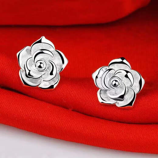 Lingmeng Hong Kong Silver Earrings 9999 Sterling Silver Earrings for Women Rose Silver Earrings Earrings for Mom Hypoallergenic Rose Earrings + Certificate 3.59g