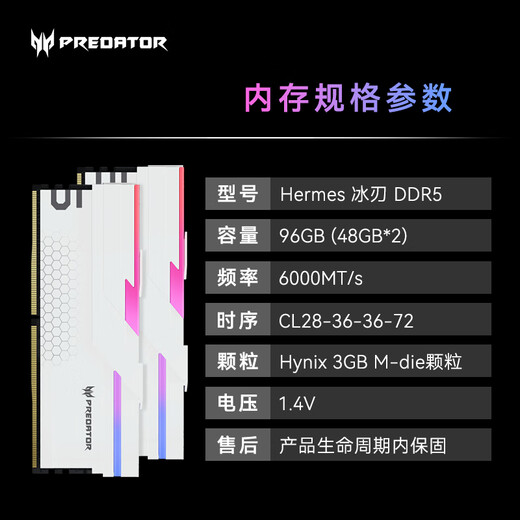 宏碁【冰刃】掠夺者RGB灯条DDR5台式机内存条32G/64G/6400高频游戏电竞 679 冰刃-6000-C28-48Gx2-白