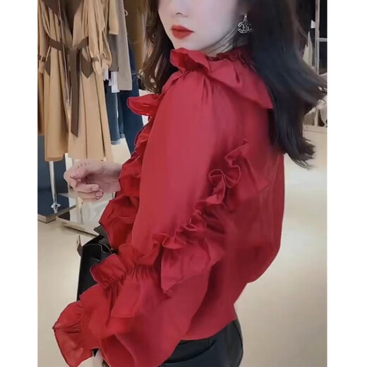 FHHUABD9857大爱美依缘2025秋季新款圆领压褶荷叶边长袖衬衫女上衣红色衫 红色上衣 M