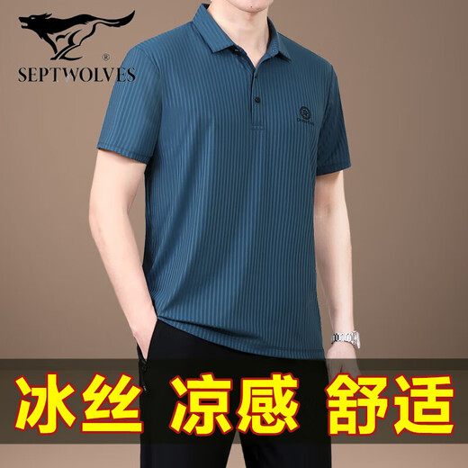 七匹狼（septwolves）爸爸夏装冰丝短袖套装2025新款中老年运动套装男士父亲t恤POLO衫 756海蓝【冰丝T恤】 L
