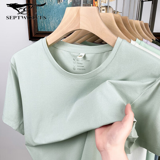 Seven Wolves summer comb solid color information T-shirt short-sleeved work clothes party cultural shirt round neck summer shoulder ice silk 2267-XM15619 apricot grey XL