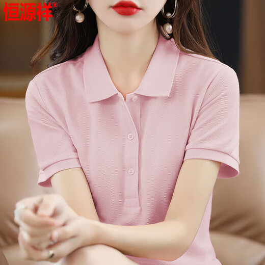 恒源祥polo领短袖连衣裙女棉夏季宽松大尺码休闲运动A字裙学院风长裙 黑色 (纯色) L