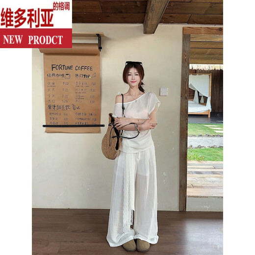 Victoria's style casual suit for women's summer 2025 new style paired with a complete set of navy blue slanted shoulder short-sleeved T-shirt wide-leg pants two-piece set white pants S