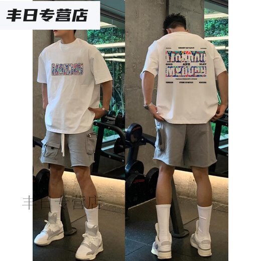 
TYBURN heavy cotton American short-sleeved T-shirt for summer loose breathable couples versatile casual trend printing ins black short-sleeved (front and rear D9871) S Suggestion (90-110Jin [Jin equals 0.5 kg])