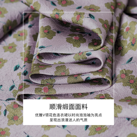 
ROEYSHOUSE ROYE Elegant V-neck Floral Dress for Women 2025 Summer New Fashion Puff Sleeve Waist-Close Mid-Long Skirt 12138 Floral XL