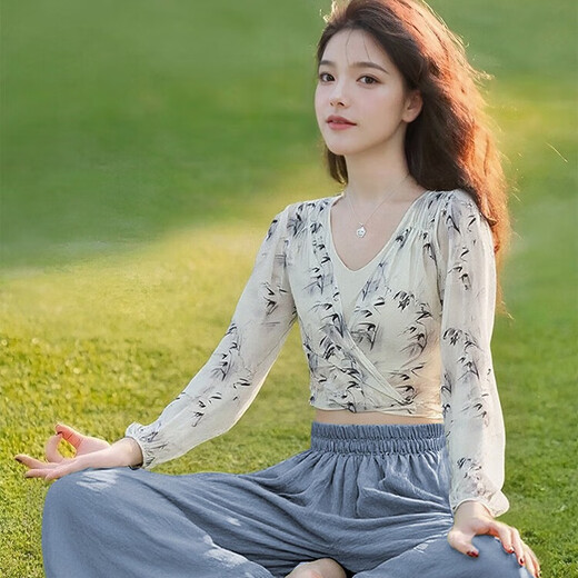 Shuangxiu 2025 new yoga clothing set, loose healing Zen bloomers, Pilates training, fitness long-sleeved tops for women, Moya bamboo blouse + gray blue pants L 108-117