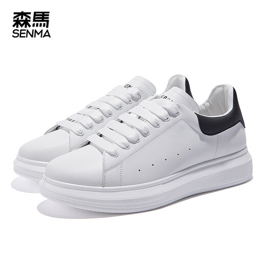 森馬（Senma）板鞋小白鞋男2025新款皮面纯色厚底休闲潮流透气男鞋百搭松糕 9227白黑色 38