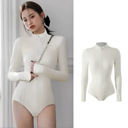 OIMG's new one-piece swimsuit conservatively covers the belly and looks slimming long-sleeved trousers sun protection quick-drying snorkeling surfing wetsuit jellyfish suit white 2XL