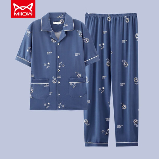 Catman (Miiow) Herren-Pyjamas Sommer reines Baumwoll-Kurzärmel-Hosen Frühling dünne Strickjäe Teenager Großgröße Lose Home Clothing Set G3881 Blau (kurzärmelig) l [Empfohlen 100-120 Jin [Jin gleich 0,5 kg]]