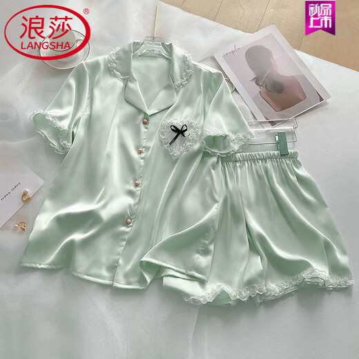 浪莎（LangSha）冰丝睡衣女夏天短袖公主风性感蕾丝家居服套装2025年新款夏季可爱 9214短袖 2XL 130-145斤