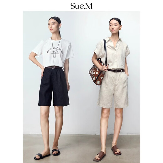 Sue.m 100%亚麻短裤&短袖衬衫松弛感老钱风透气凉感夏季套装女士 原麻色【现货二天发】短袖 S-L M