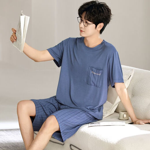 檬纤莫代尔男士睡衣套装夏季短袖短裤薄夏冰丝感宽松休闲大码家居 G【6624】莫代尔短裤-凉感透气 XL 【建议120-140斤内】