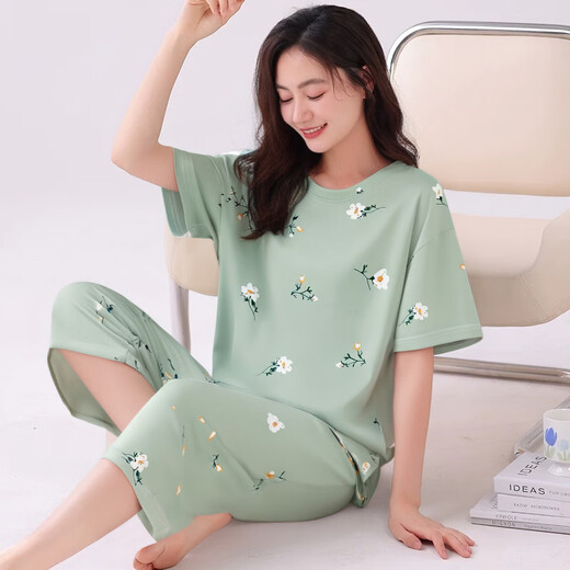 ZHIDOUDOU pajamas for women in summer 2025 new short-sleeved cropped pants set for spring and summer thin women can short-sleeved cropped pants-679 M Recommended 80-100Jin [Jin equals 0.5 kg]