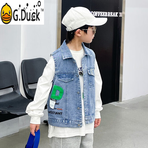 G.DUCKKIDS男童牛仔马甲春秋款2025新款儿童马夹背心中大童坎肩外套男孩衣服 蓝色(后背数字)单马甲 130 cm