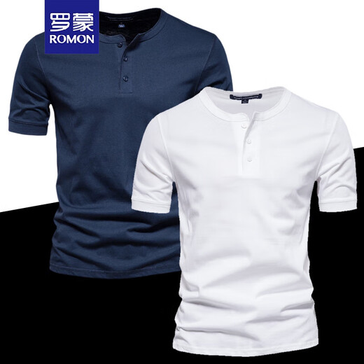 ROMON round neck t-shirt men's henley shirt short-sleeved army green pure cotton heavyweight American slim retro bottoming small white t-half sleeve white L 145-160Jin Jin equals 0.5 kg