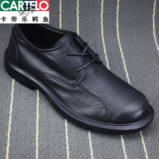 CARTELO crocodile leather shoes for men in spring and autumn, versatile lace-up soft leather men's shoes, business casual trendy first-layer cowhide men's shoes, black shoes 40