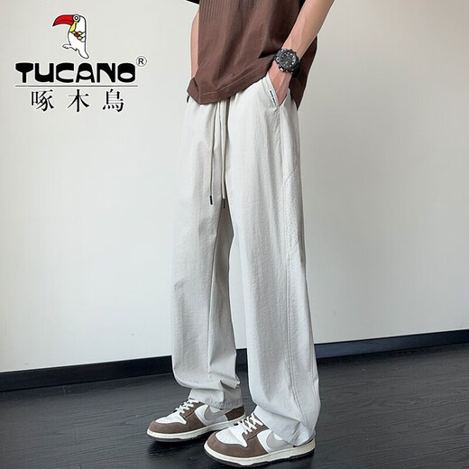 Pantalones de pájaros carpinteros para hombres en verano Seda de seda delgada de pantalones casuales rectos sueltos para niños Sports de color fresco de color mareado pantalones de patas abiertas K6636 Khaki XL alrededor de 125-145 Jin [Jin equivale a 0.5 kg]