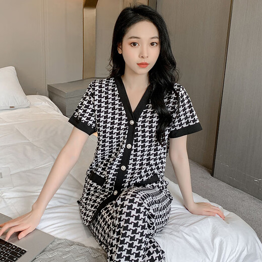 夏天睡衣女短袖长裤薄款开衫空调服宽松大码家居服女士套装可外穿 QDM【Y867-2#】黑色千鸟格 2XL