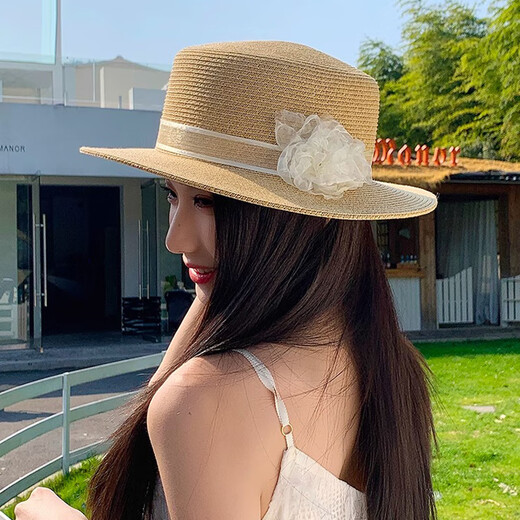 Yijian Flower Sun Hat French Straw Hat Women's New Elegant Top Hat Camellia Flat-brimmed Straw Hat Beach Beach Beach Sun Hat Flower Flat-brimmed Straw Hat [Khaki]
