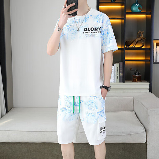 Antata Mall mismo estilo que Duck Star Rokerke 2025 Summer Nuevo set de manga corta adolescentes para hombres Shorts All-Match Sports casual Set 6187 Blue M