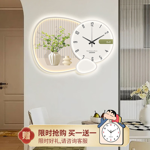 咏幻奶油绿植餐厅装饰画新个性钟表挂钟客厅时钟壁灯 福禄延绵PD4877升级日期 温度 长x宽80x60CM 氛围灯接电款