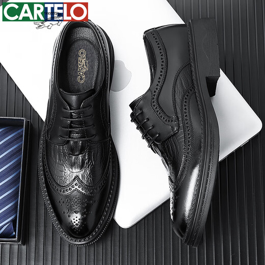 CARTELO leather shoes men's cowhide business casual formal wear wedding British Brock carved men's shoes 6533 black 40