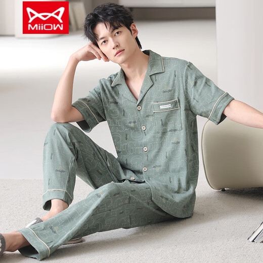 
Catman (MiiOW) pajamas men's summer pure cotton new short-sleeved trousers large size stable home clothing suit summer NSN-9856 gray and blue pockets covered with pattern cardigan L
