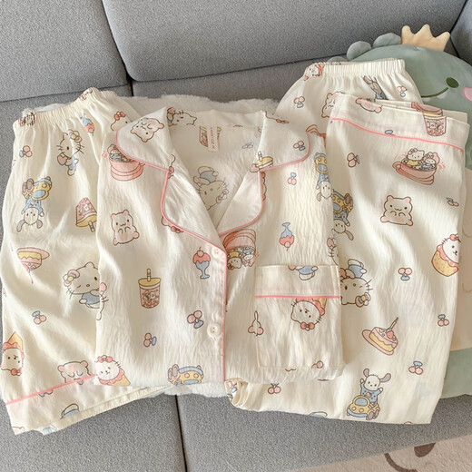 诗迦努2025新款卡通短袖睡衣女三件套云朵纱家居服七夕 云朵棉-J9901乐园小狗三件套 M 【建议75-100斤】