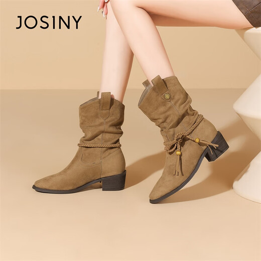 
Zhuoshini short boots for women 2025 autumn new retro beaded Maillard western cowboy boots pointed toe fold pile boots single boots Camel color - single 37
